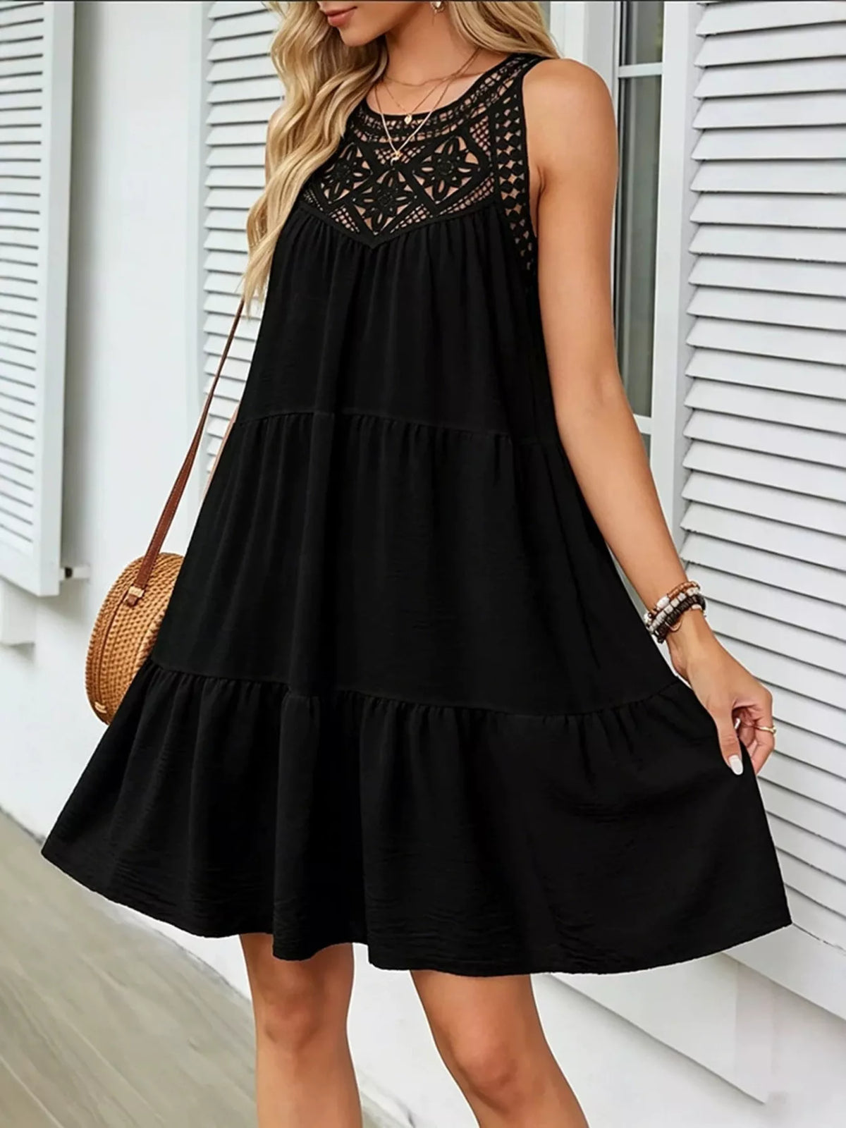 Shamara lace detail tiered sleeveless dress front view