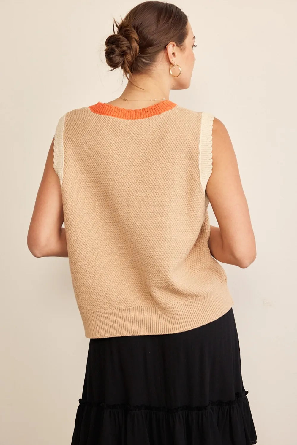 Contrast Trim Round Neck Sweater Vest in Taupe back view