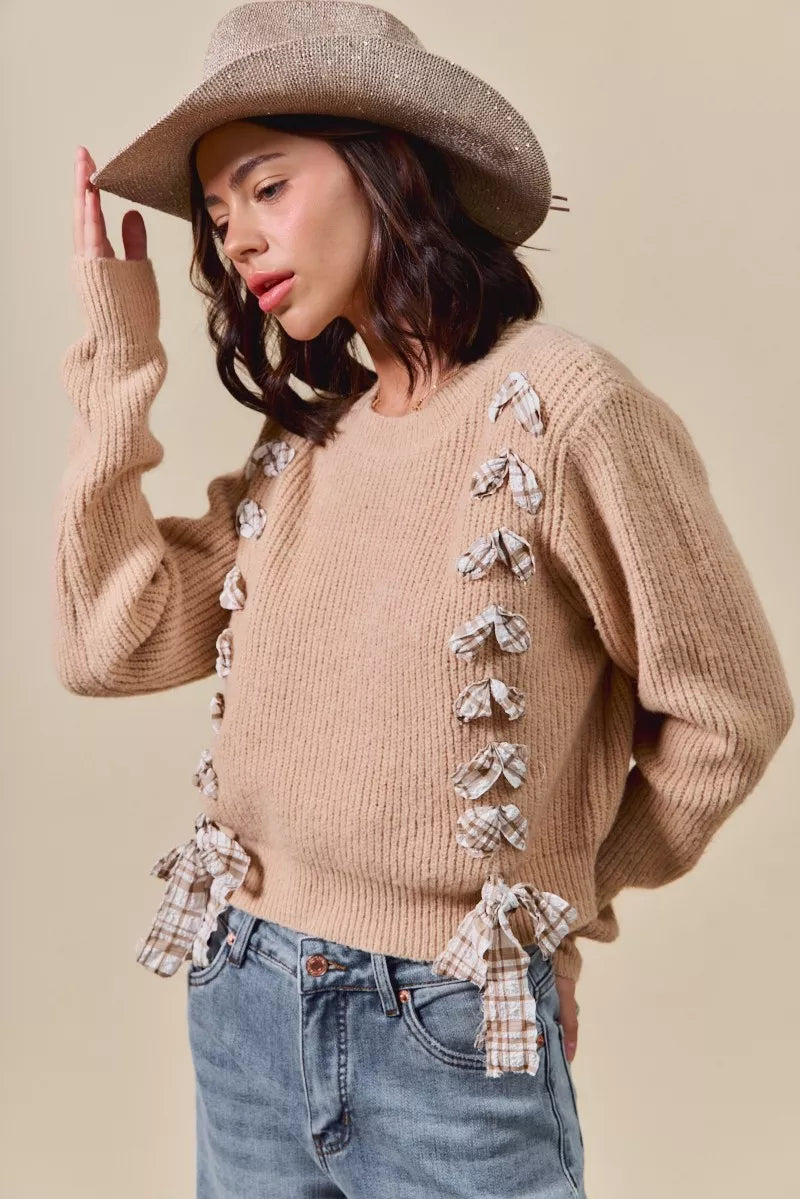 Checkered Plaid Lace Up Ribbed Sweater in Taupe styled look