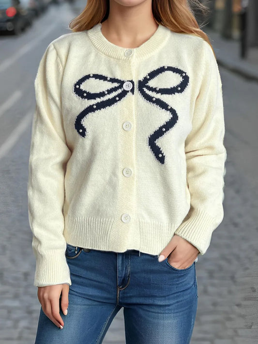 Bow Button Down Round Neck Cardigan Ivory One Size - Fashorio