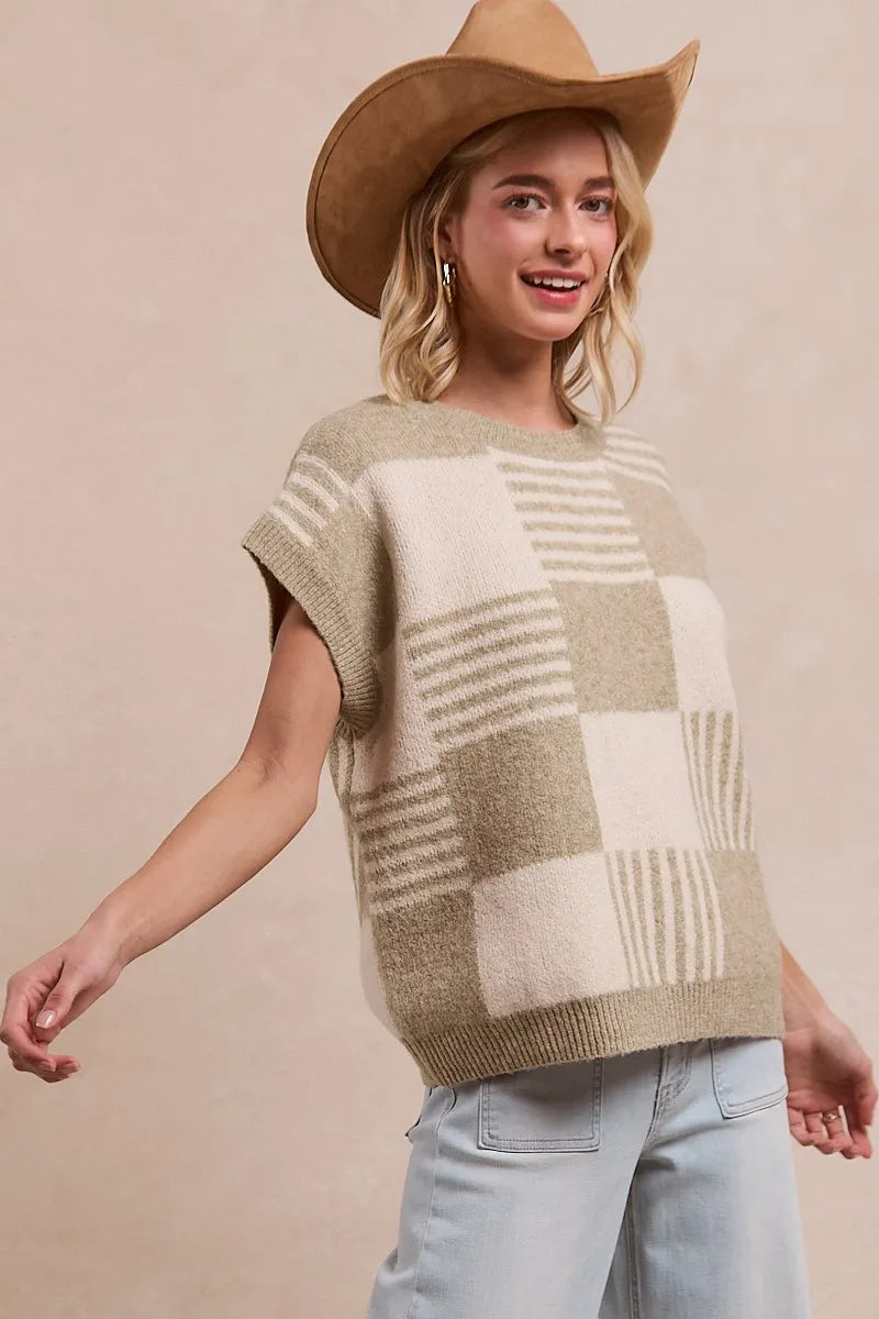 Olive Check and Stripe Sleeveless Sweater detail