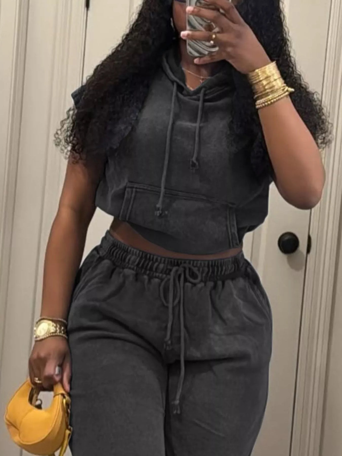 Hooded Crop Top and Shorts Two Piece Set, view 8