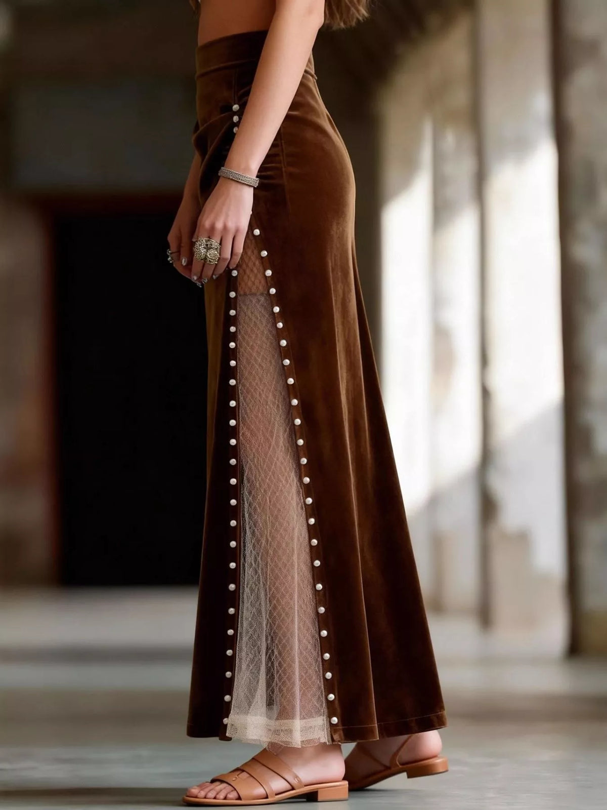 Pearl Trim Slit Maxi Skirt styled detail