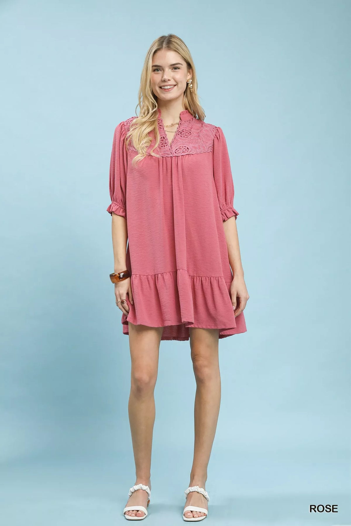 Lace Yoke Tiered Mini Dress styled look
