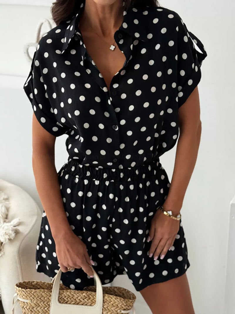 Polka dot button up shirt and shorts set front view