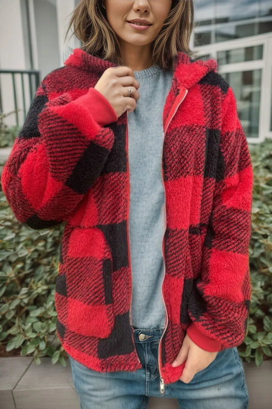Double Take Full Size Plaid Long Sleeve Hooded Coat Red - Fashorio
