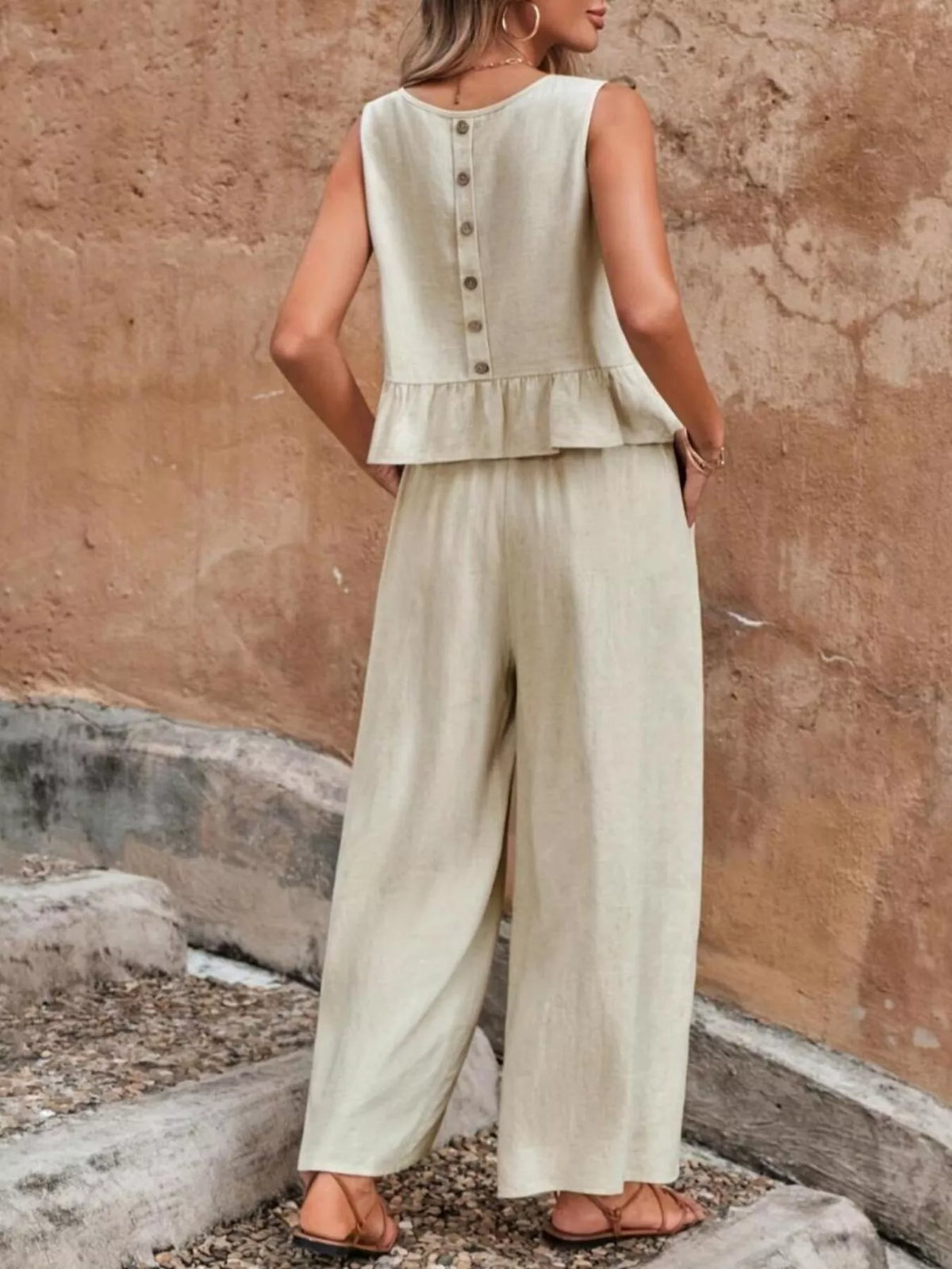 Sleeveless Ruffle Hem Top and Wide Leg Pants Set, view 5