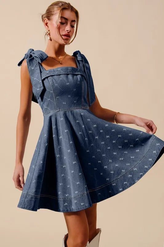 SO ME A Line Fit and Flare Diamond Bow Ribbon Denim Dres - Fashorio