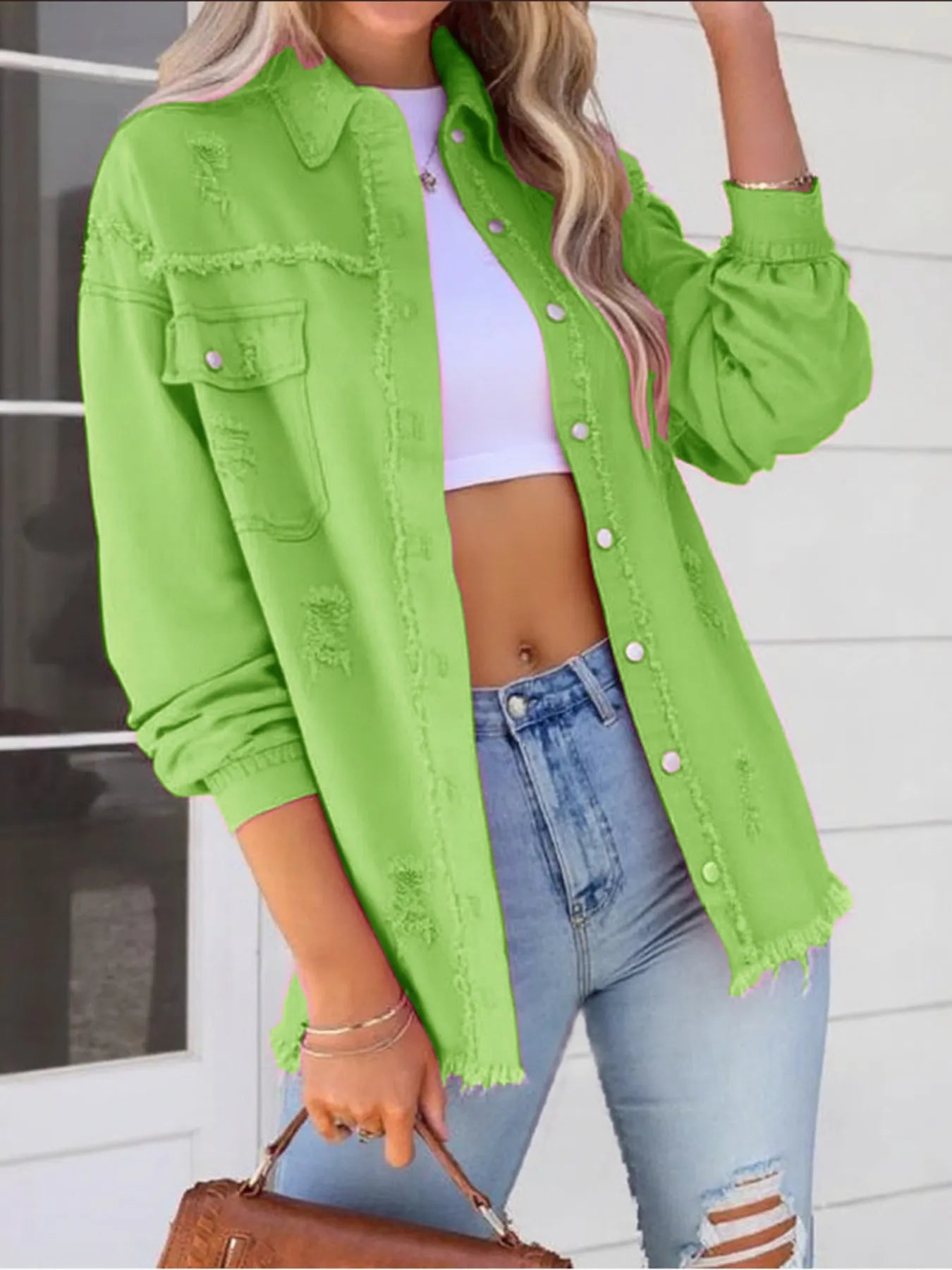 Distressed Denim Jacket with Frayed Edges Light Green - Fashorio