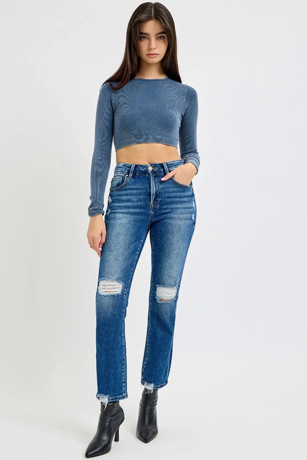 RISEN Full Size High Rise Distressed Crop Straight Jeans - Fashorio