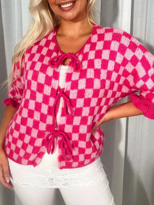 Checkered Tie-Front Knit Cardigan Red - Fashorio