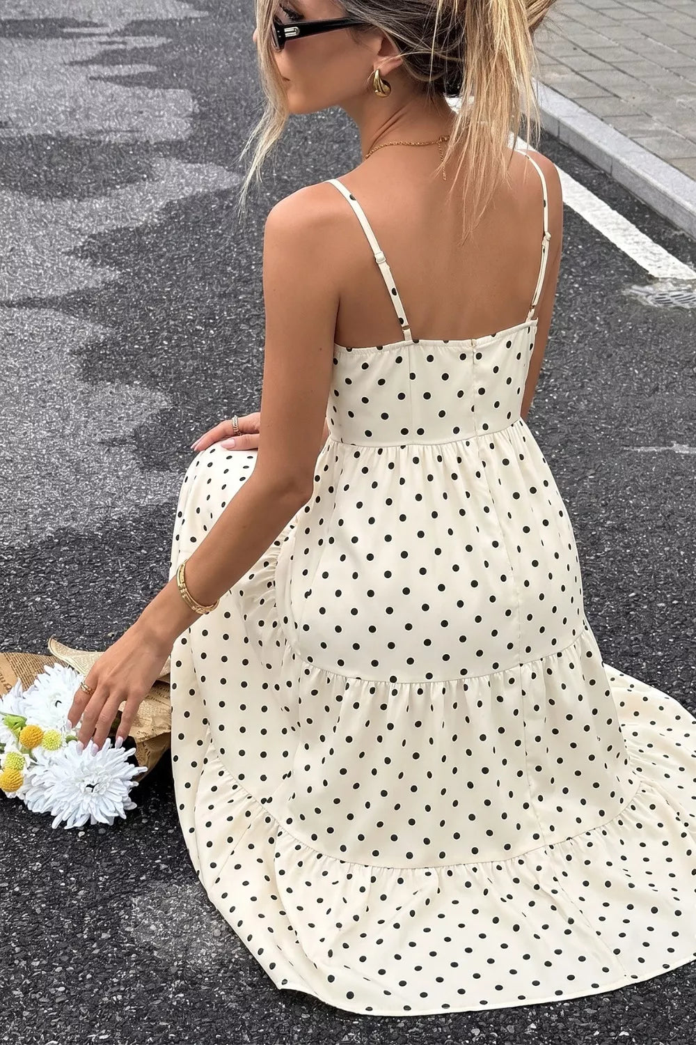 Cream polka dot maxi dress bow tie front detail