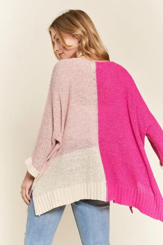 Side Slit Color Block Long Sleeve Sweater in Hot Pink back view