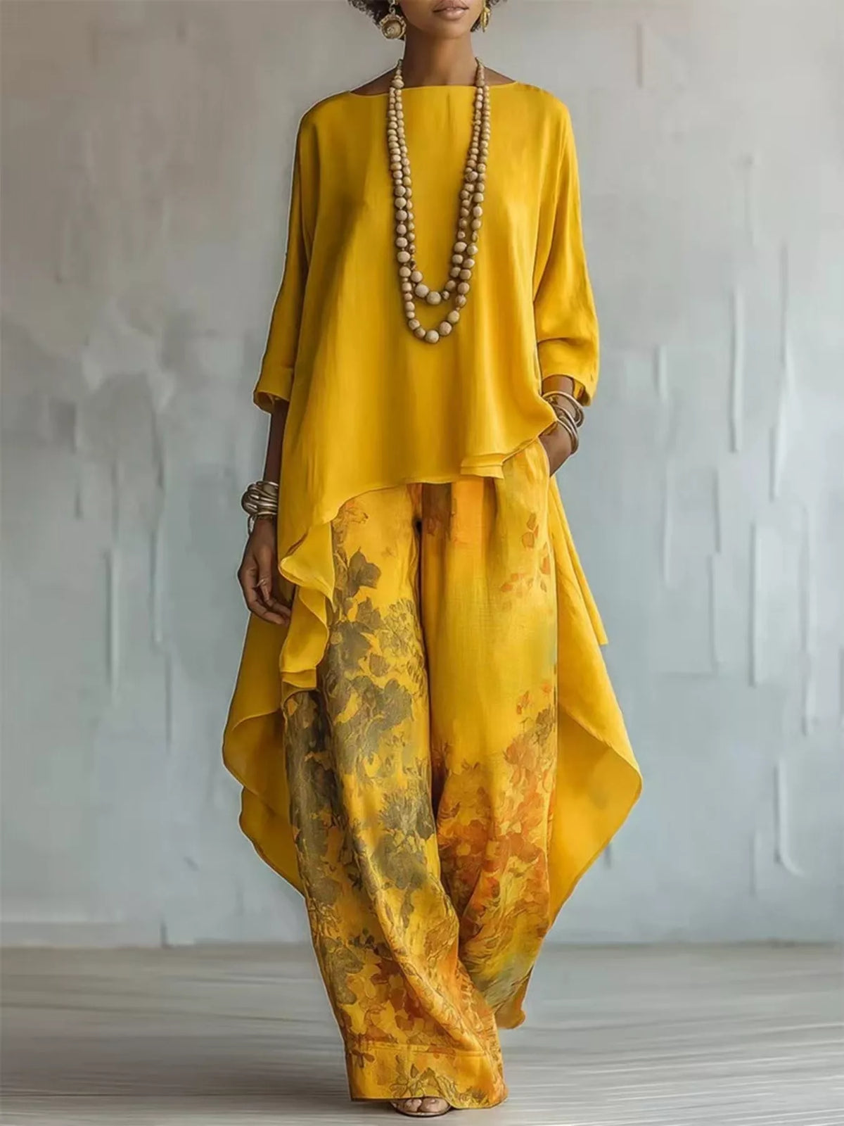 Coordinated asymmetrical top and pants angle