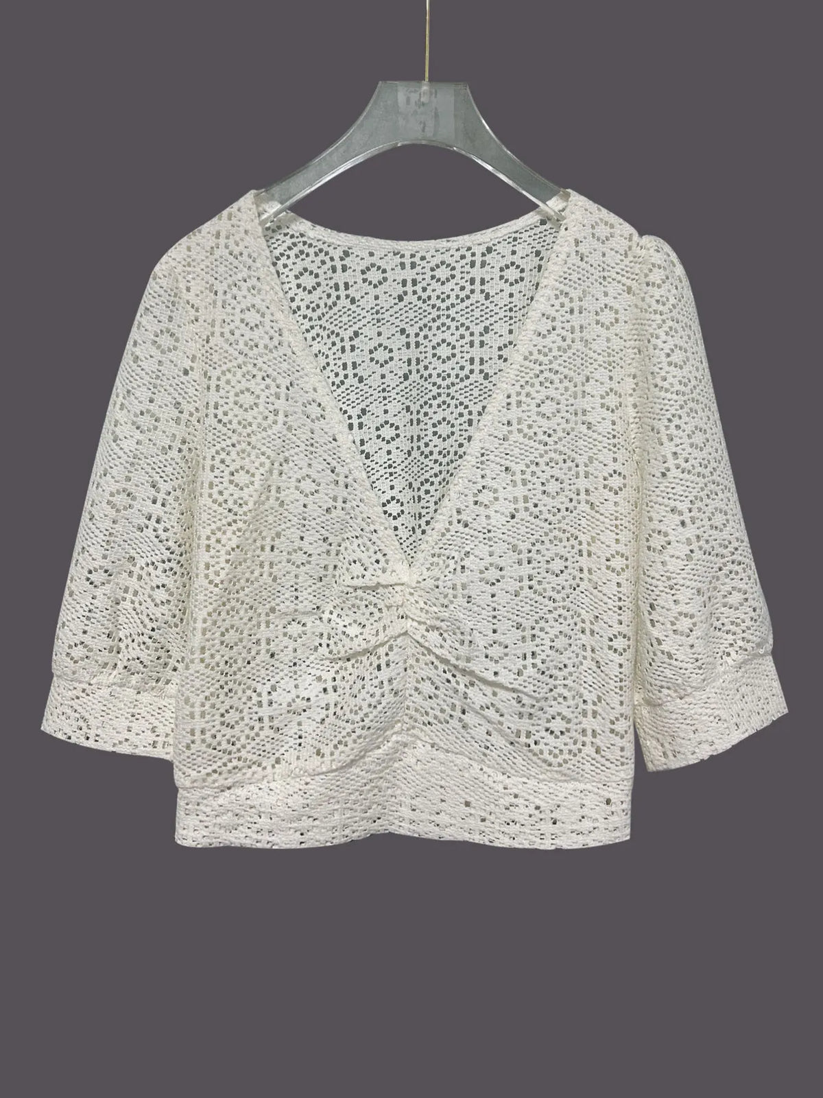Ruched v neck openwork crop top, neckline close up