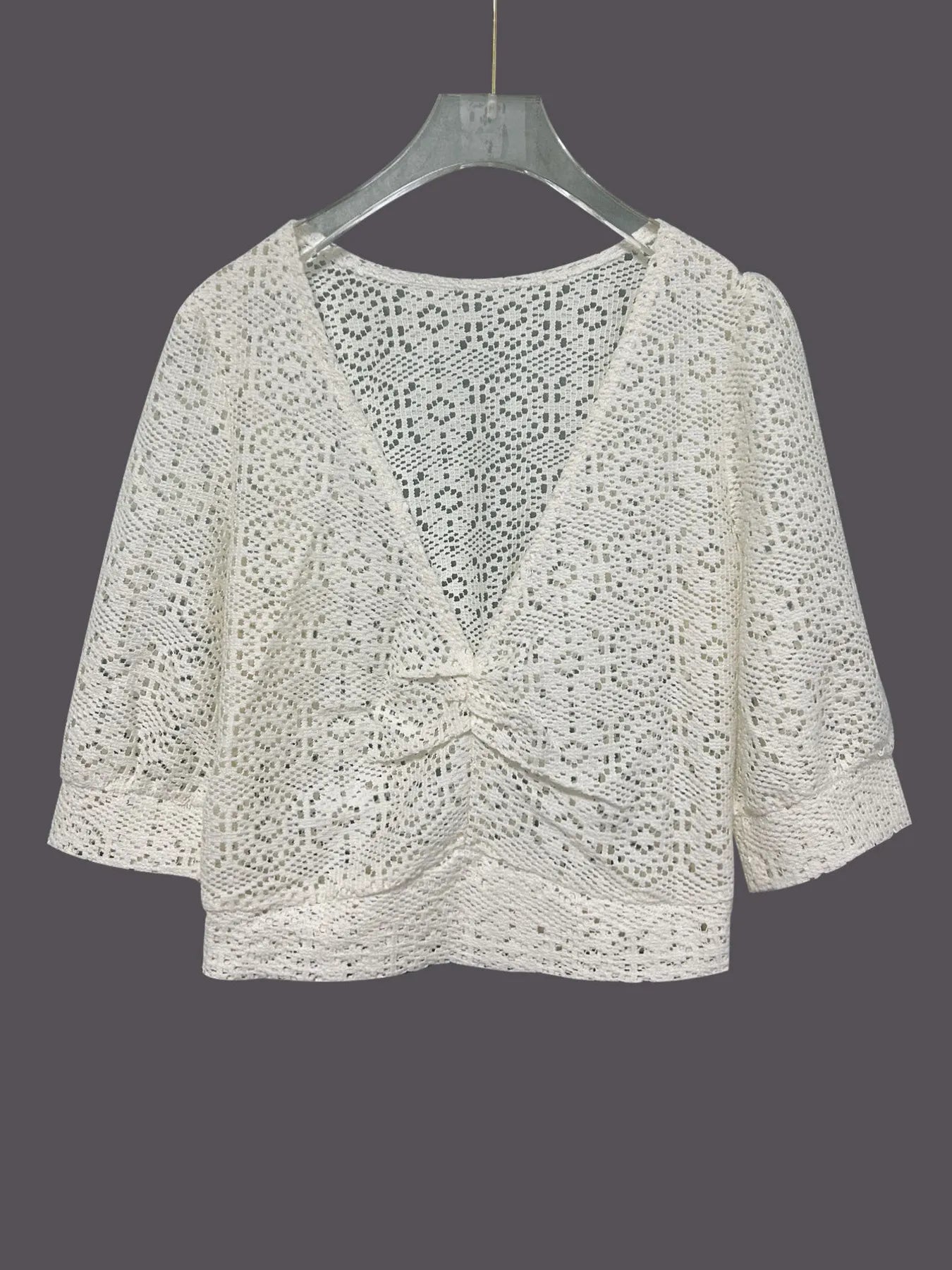 Ruched V-Neck Openwork Crop Knit Top - Fashorio