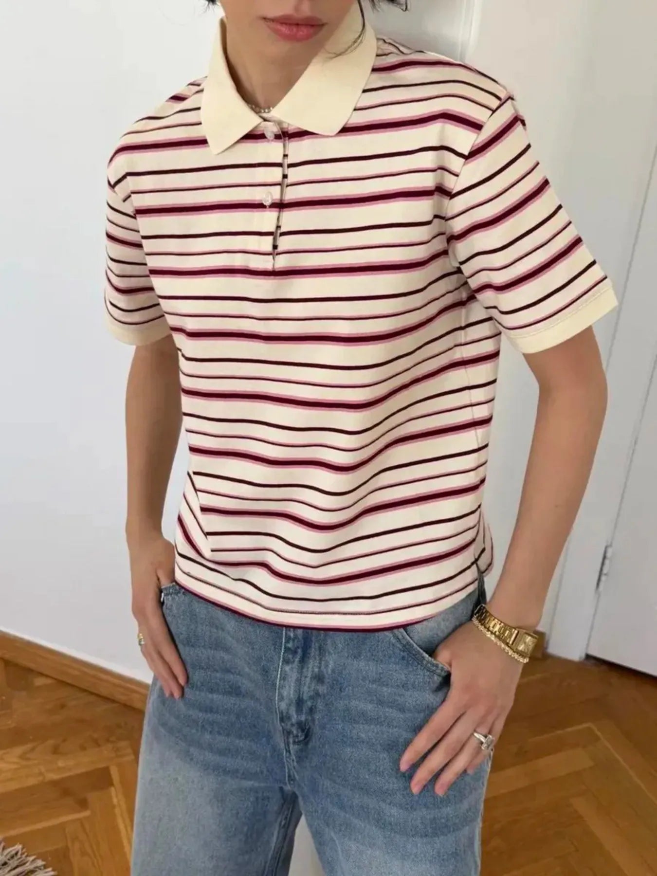 Striped Polo T-Shirt with Contrast Collar Apricot - Fashorio