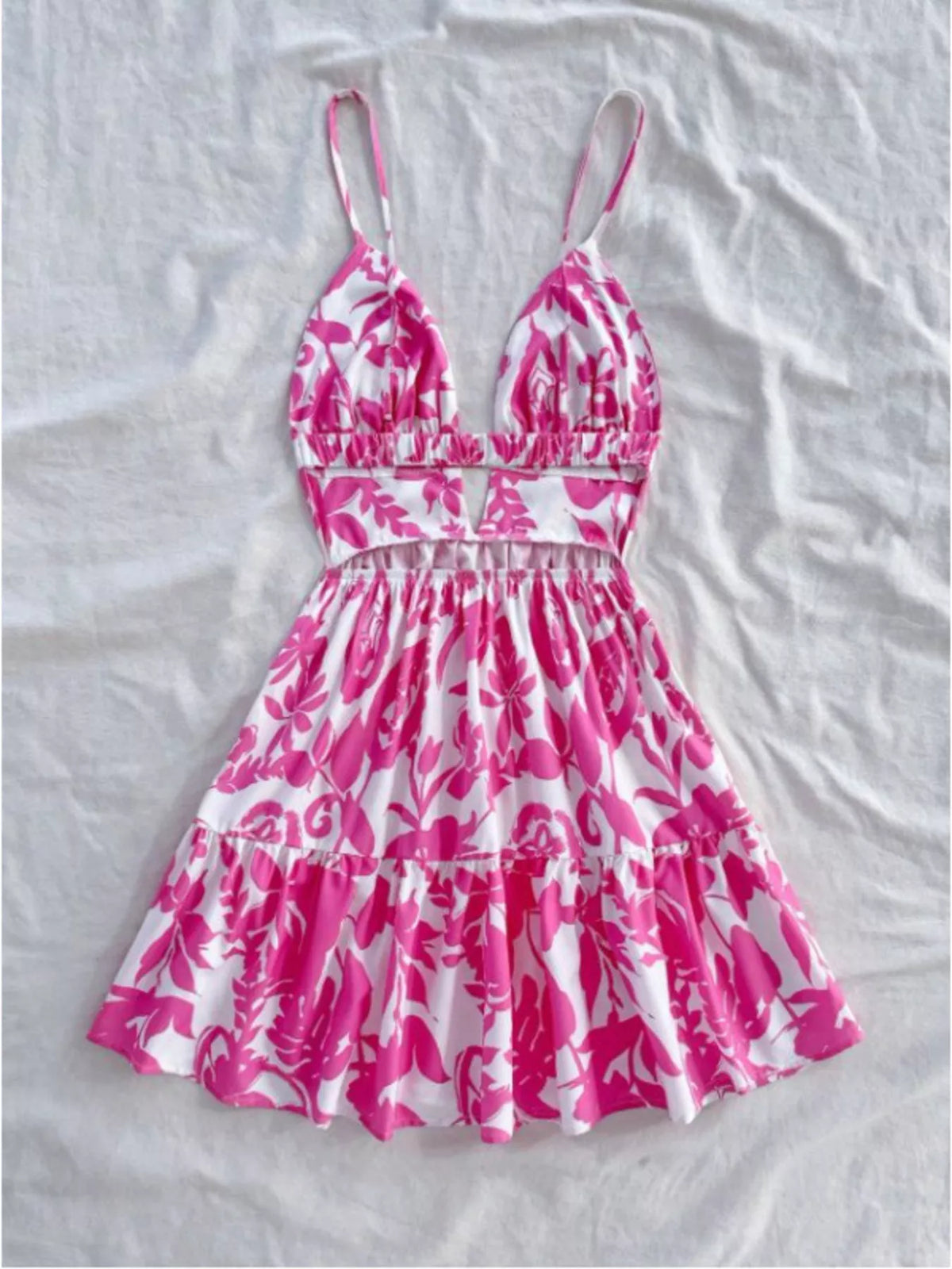 Fuchsia floral cutout mini dress styled look