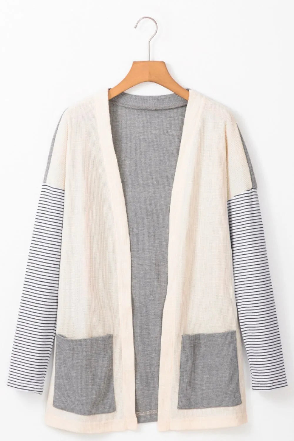Open Front Long Sleeve Striped Cardigan with Pockets - Fashorio