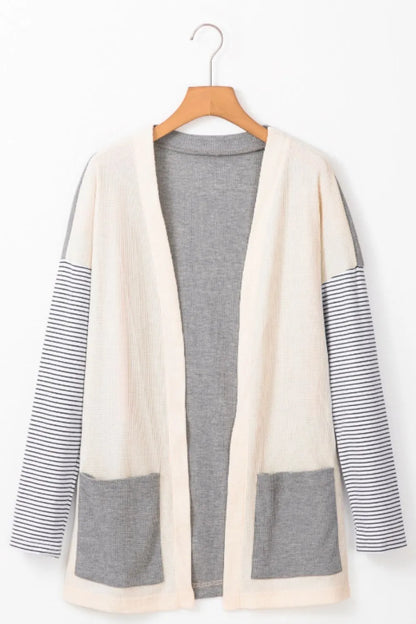 Open Front Long Sleeve Striped Cardigan with Pockets - Fashorio