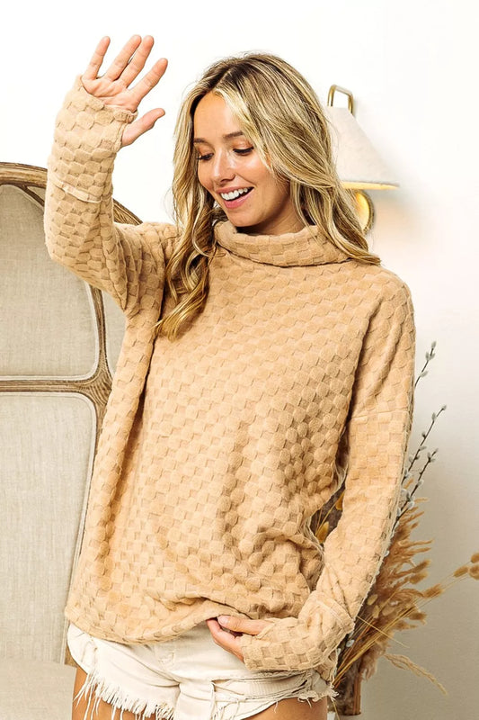 BiBi Checkered Round Neck Thumbhole Long Sleeve Top TAUPE - Fashorio