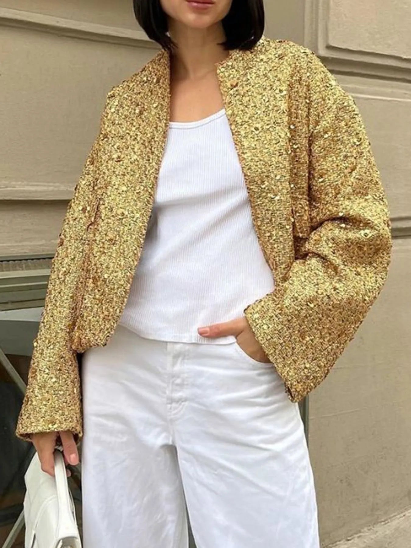 Sequin Long Sleeve Jacket with Pockets - Fashorio