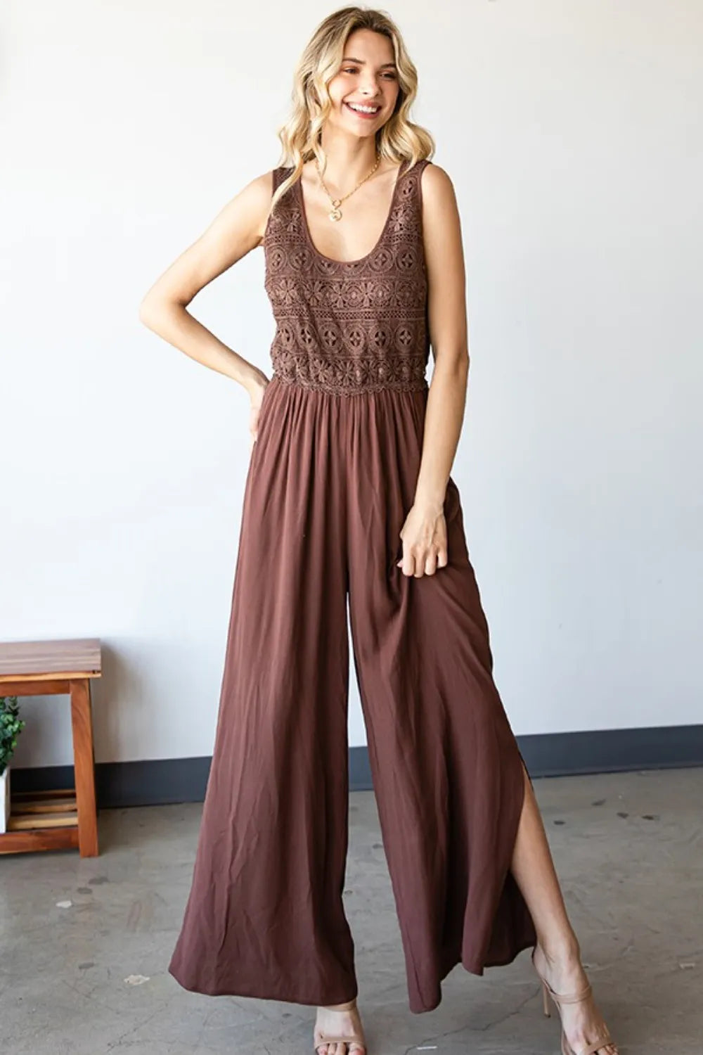 Tie Back Sleeveless Slit Wide Leg Jumpsuit on model