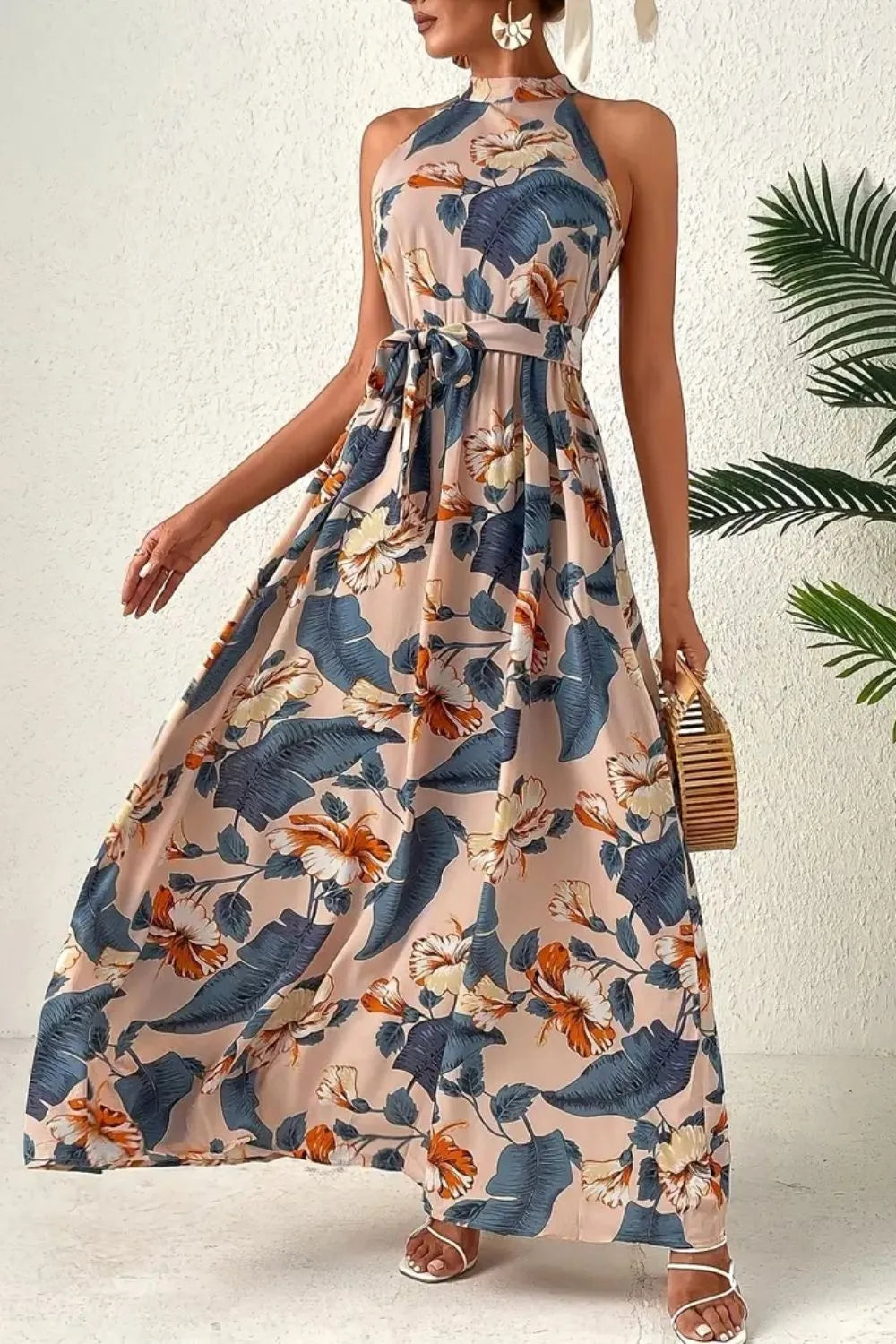 Tied Floral Sleeveless Dress - Fashorio