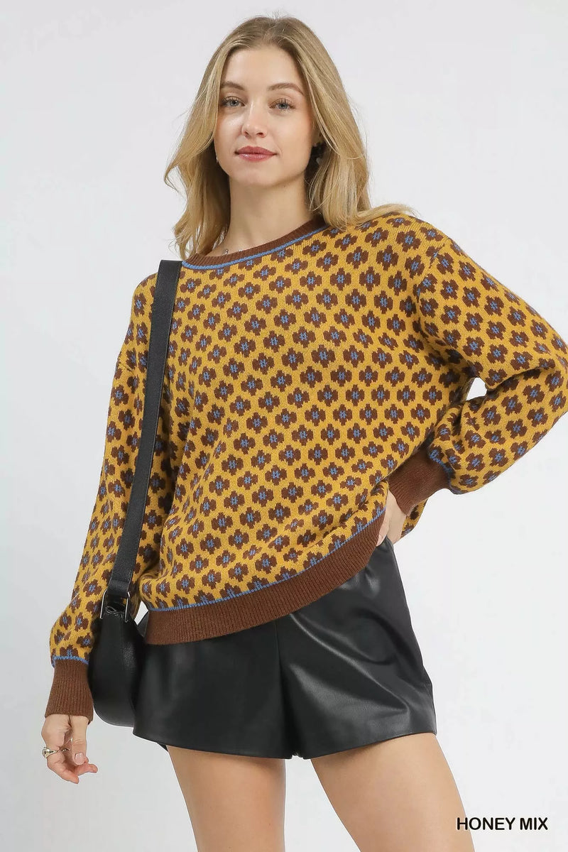 Abstract Print Crew Neck Sweater in Honey