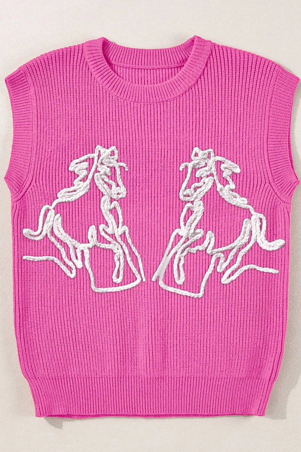 Western Horse Embroidered Round Neck Sweater in Fuchsia detail