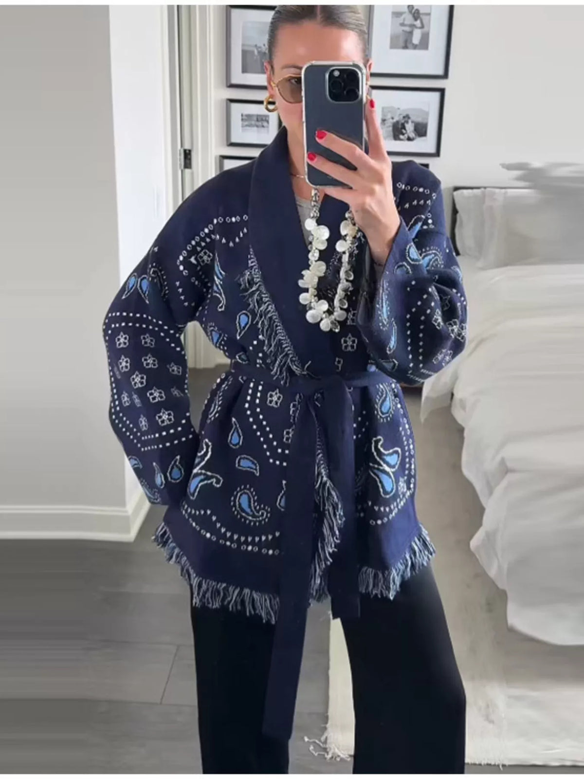Fringe cardigan tied at front