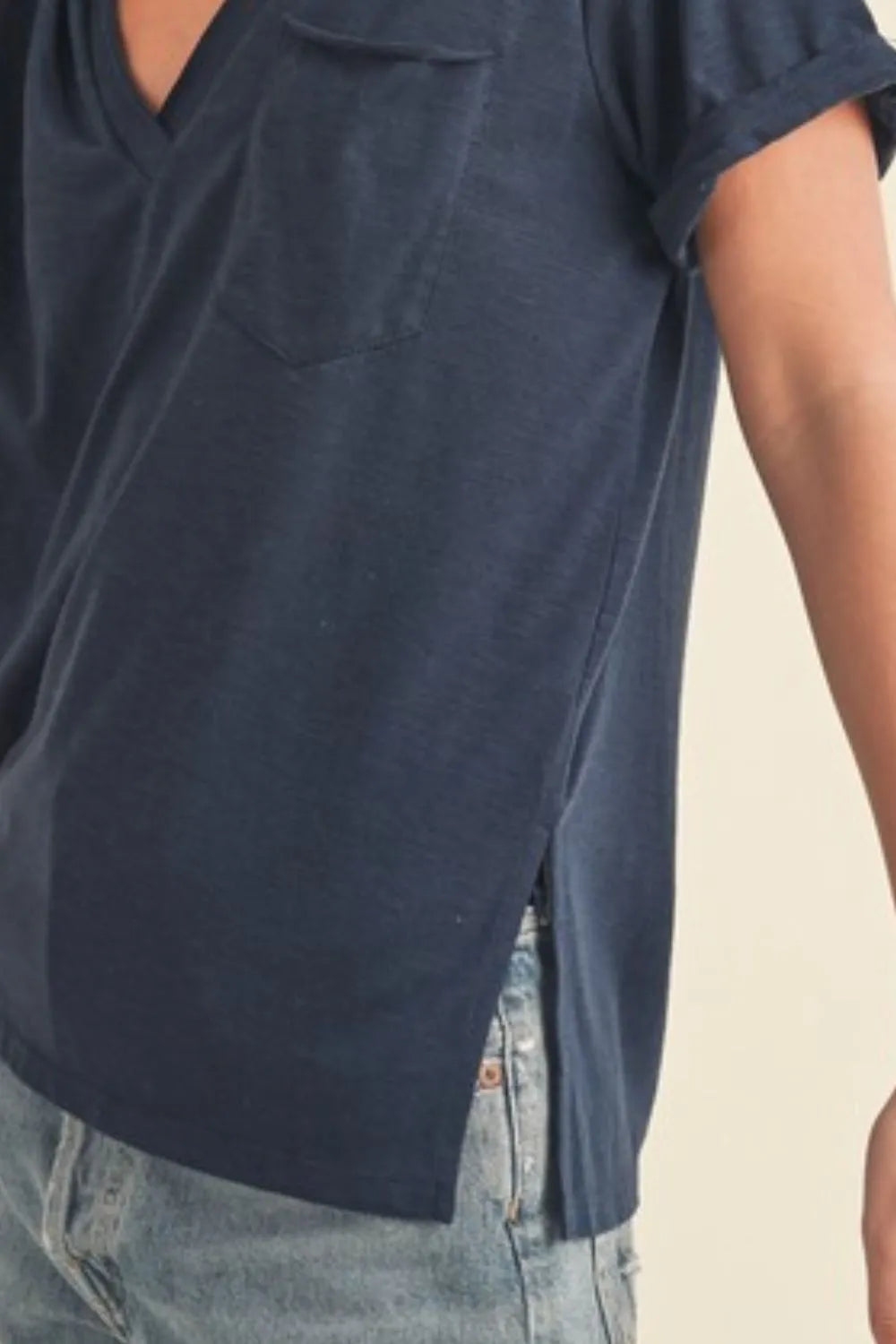Dark navy v neck rolled sleeve tee back view