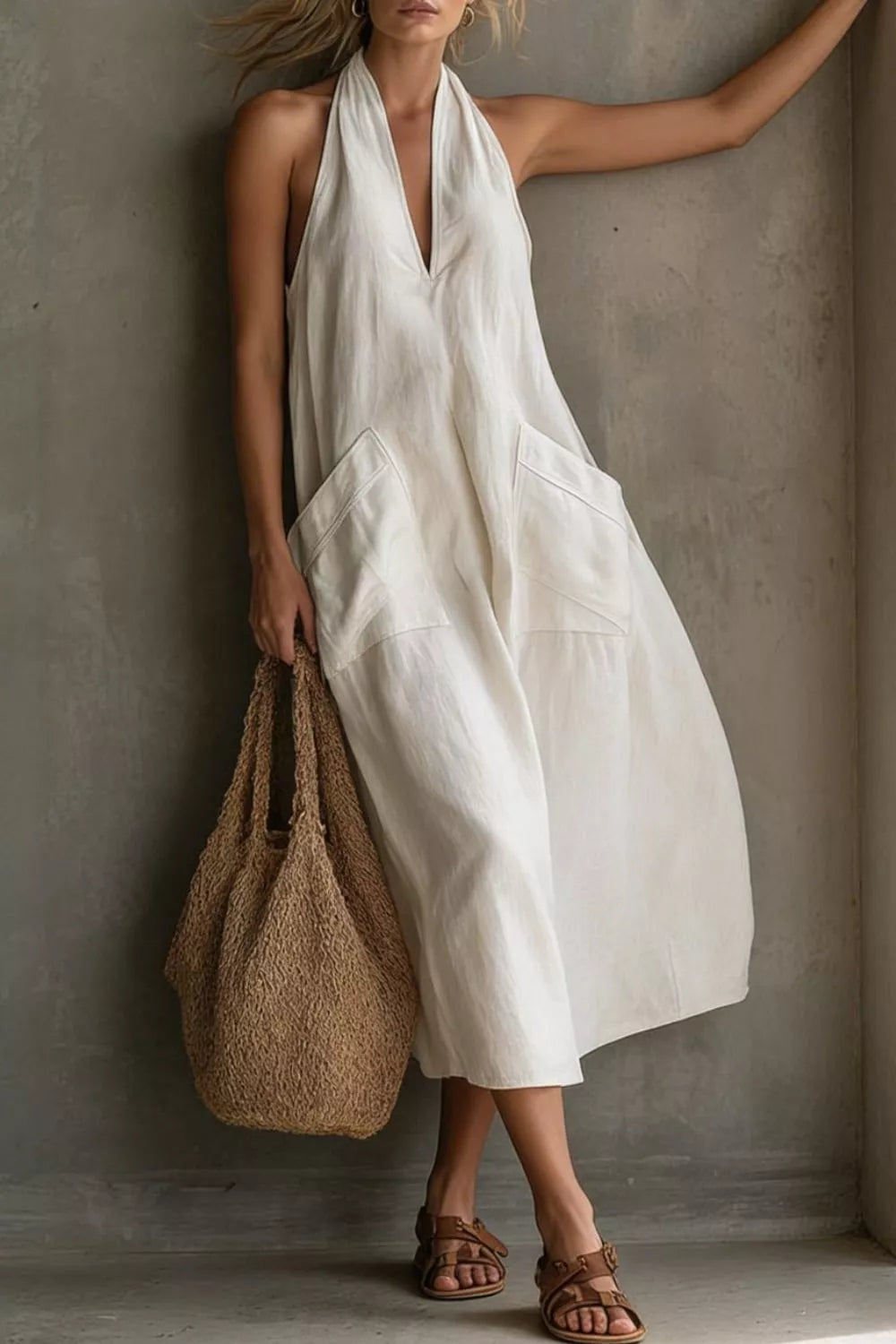Halter neck pocket midi dress, on model