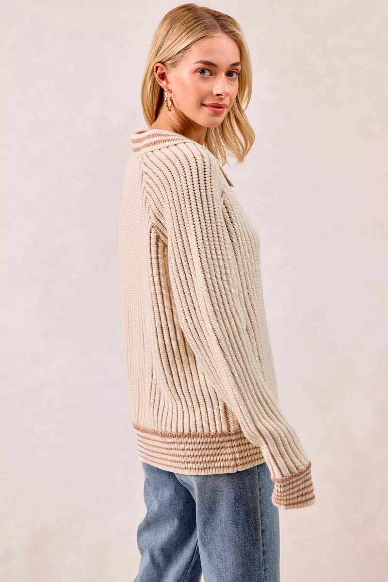 Half Button Ribbed Two Tone Sweater in Cream and Latte close up