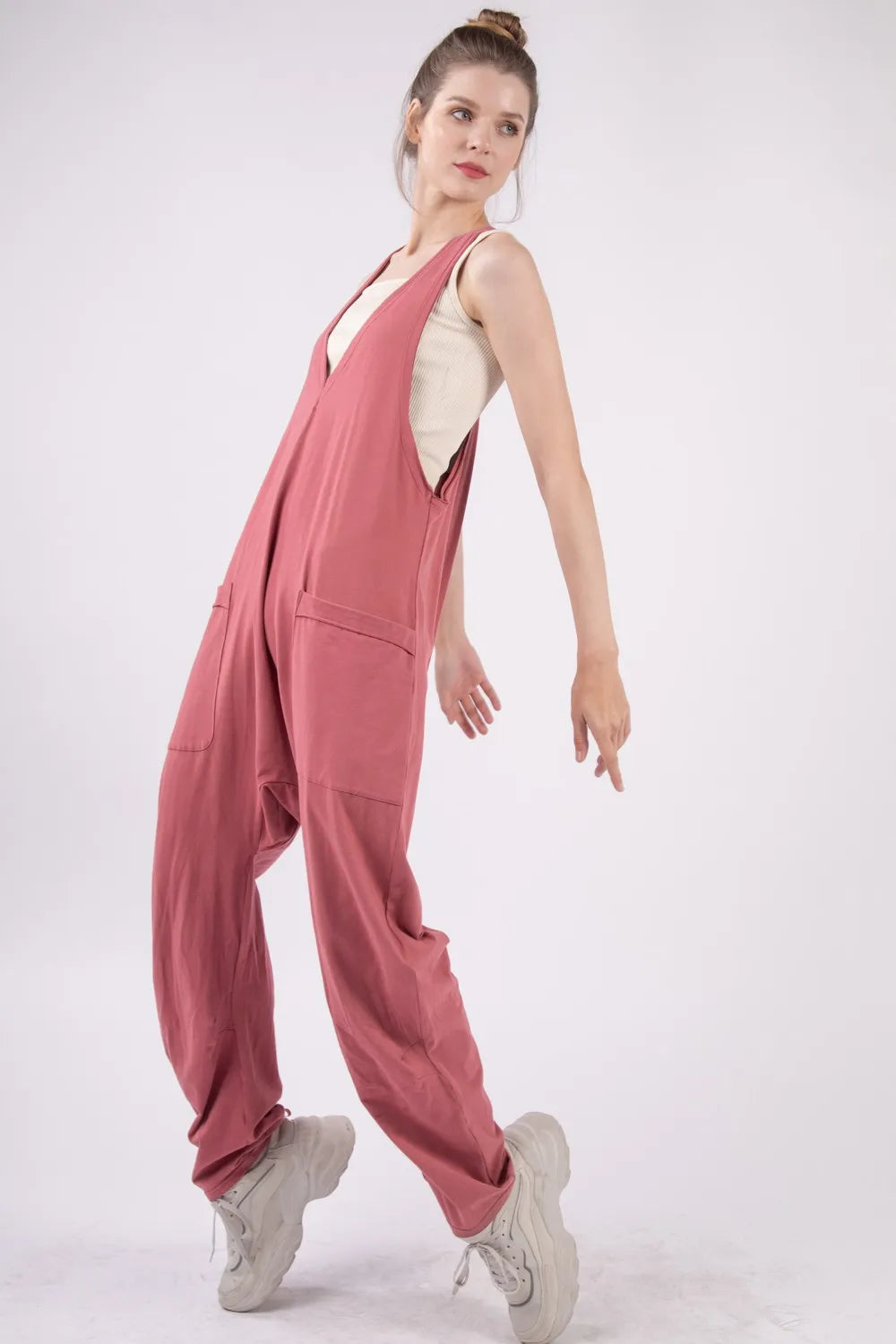 Plunge Sleeveless Jumpsuit with Pockets side view