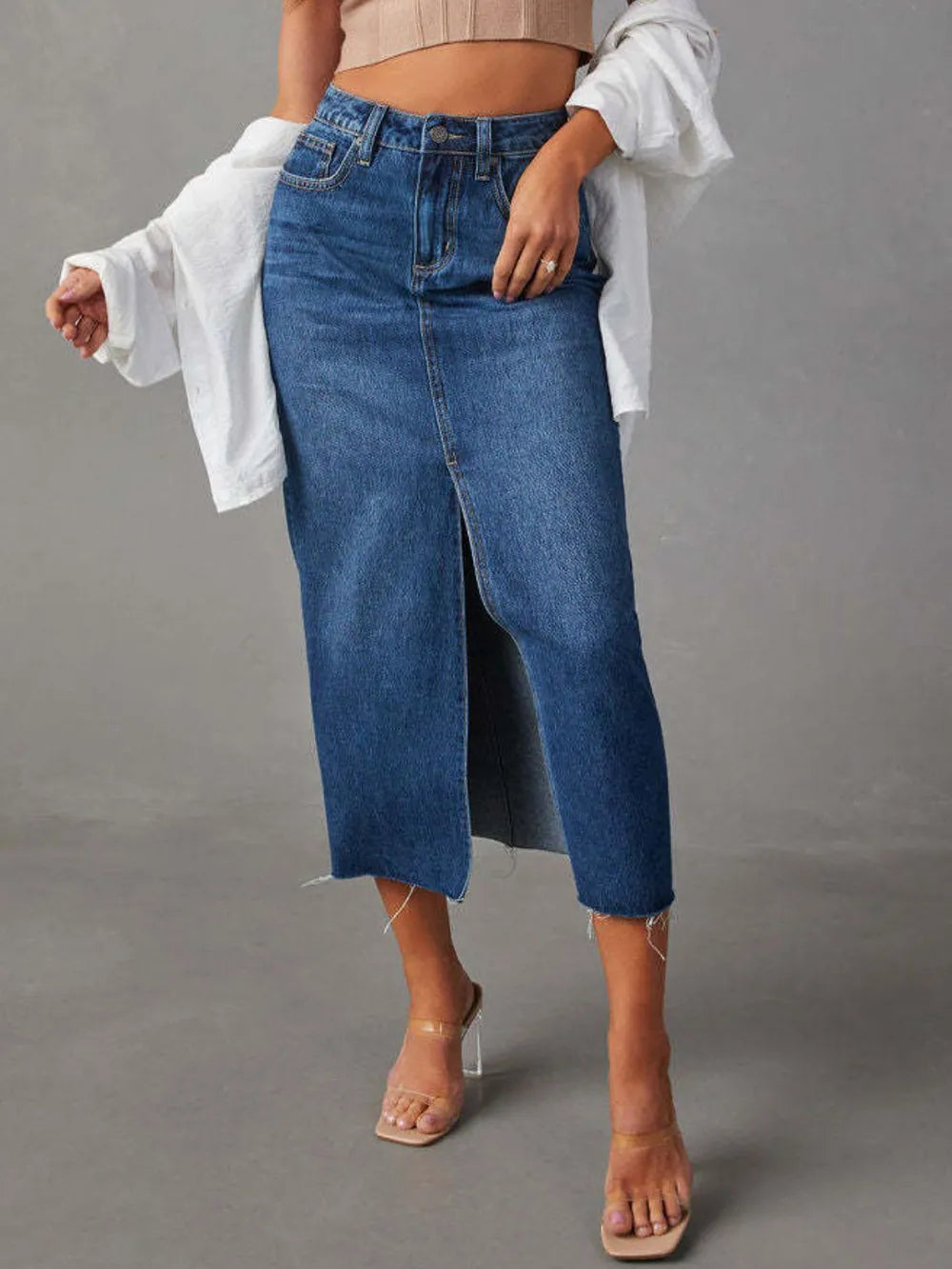 Raw hem denim skirt back view