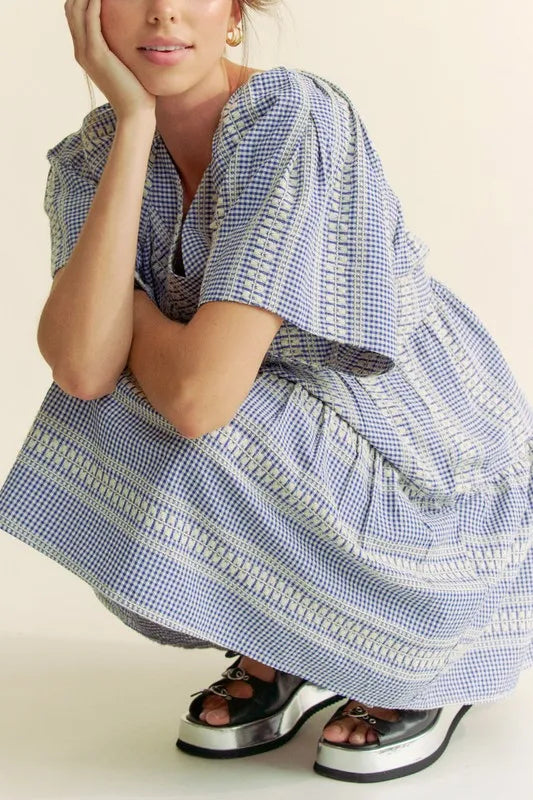 Embroidered Gingham Ruffle Mini Dress in Navy view 7