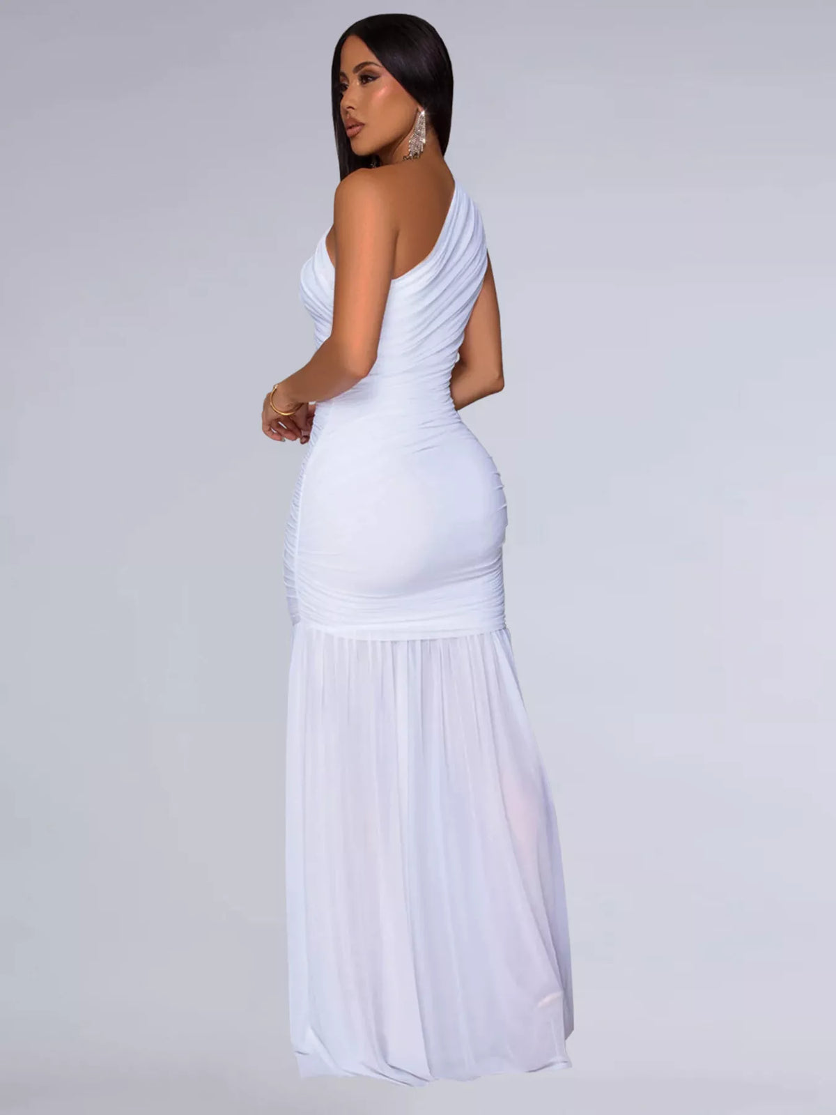 One shoulder ruched bodycon maxi dress front view