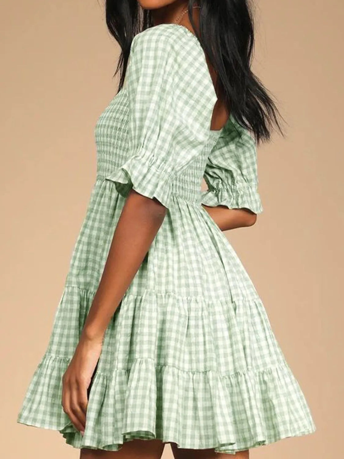 Ruffle Hem Plaid Mini Dress in Light Blue on model