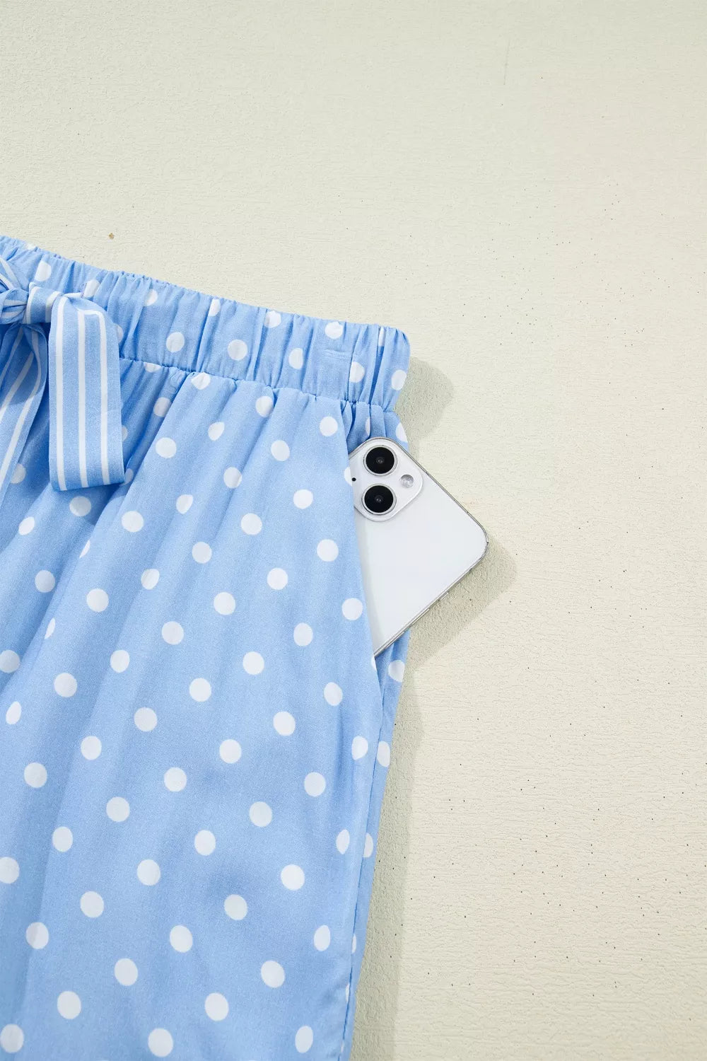 Dotted pajama top and shorts loungewear detail