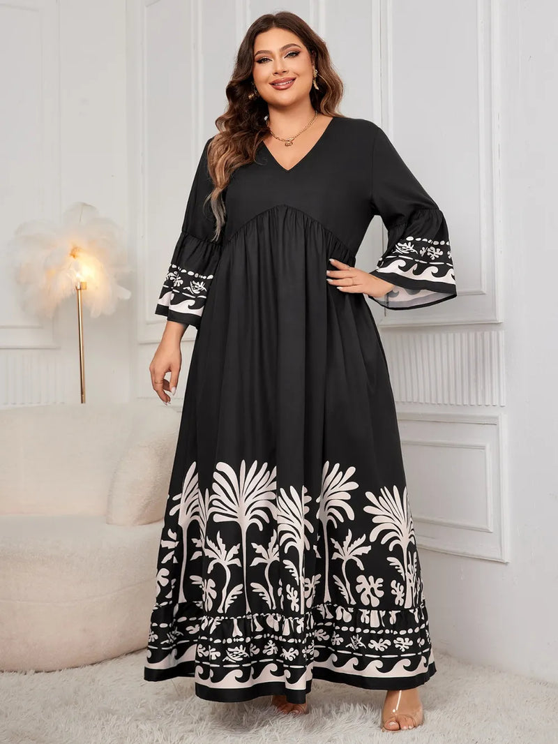 Black printed V neck long sleeve plus size maxi dress front view