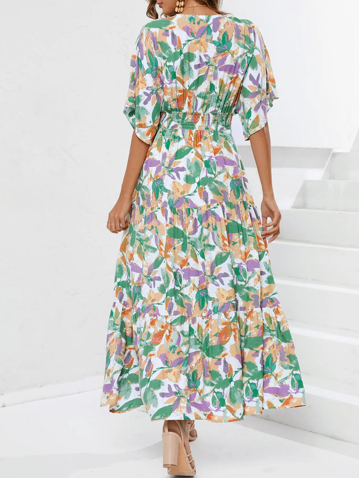 Floral V-neck midi dress detail view