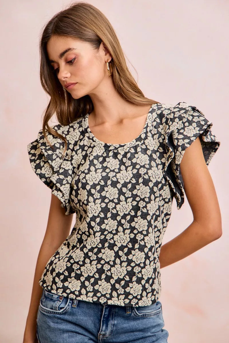 Black and light grey floral jacquard top front view