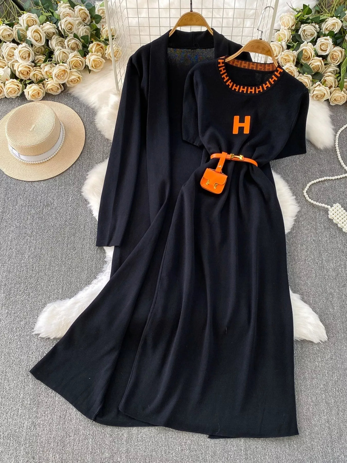 Round neck knitted dress and cardigan two piece set front view
