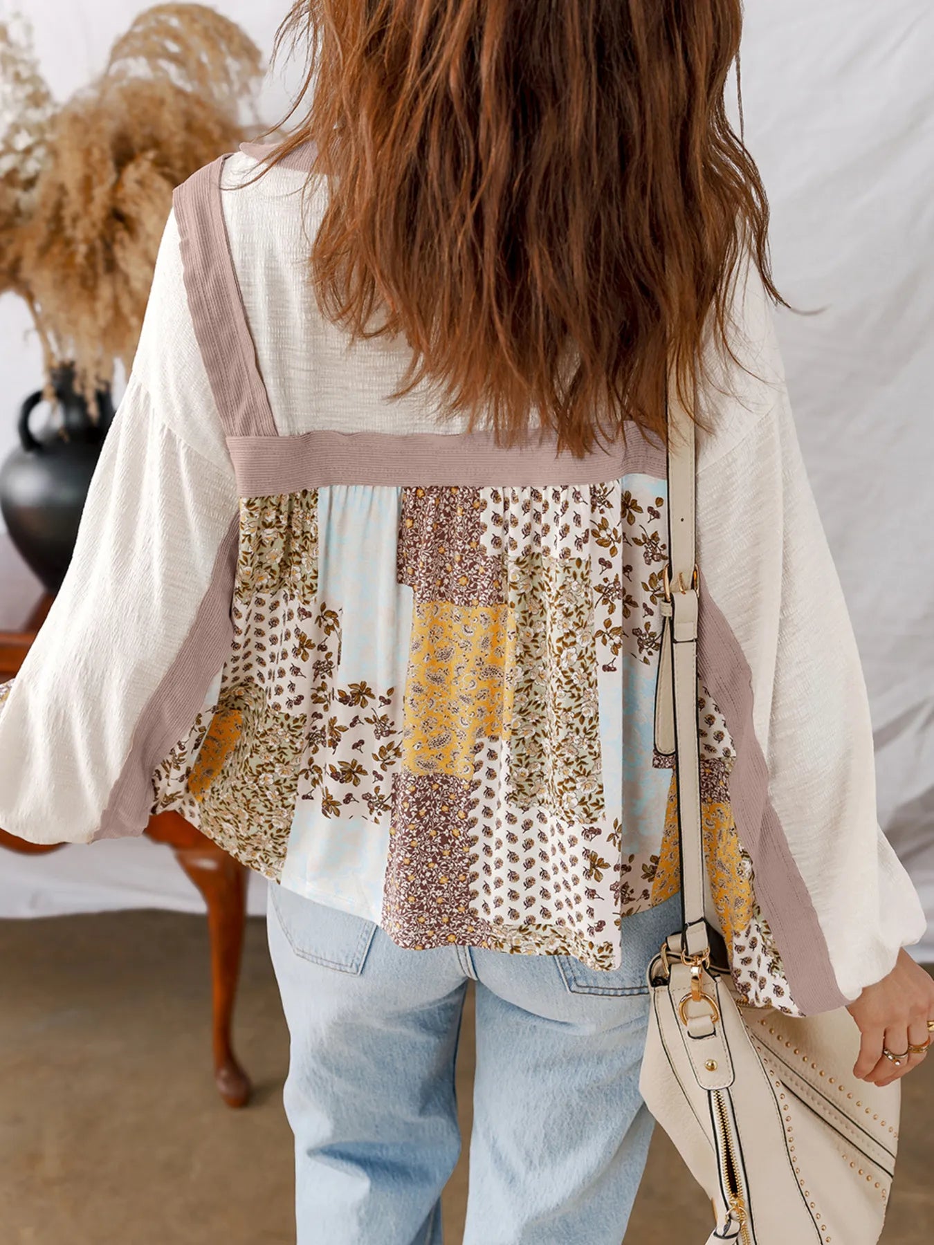 Floral Printed Contrast Patchwork Long Sleeve Top - Fashorio