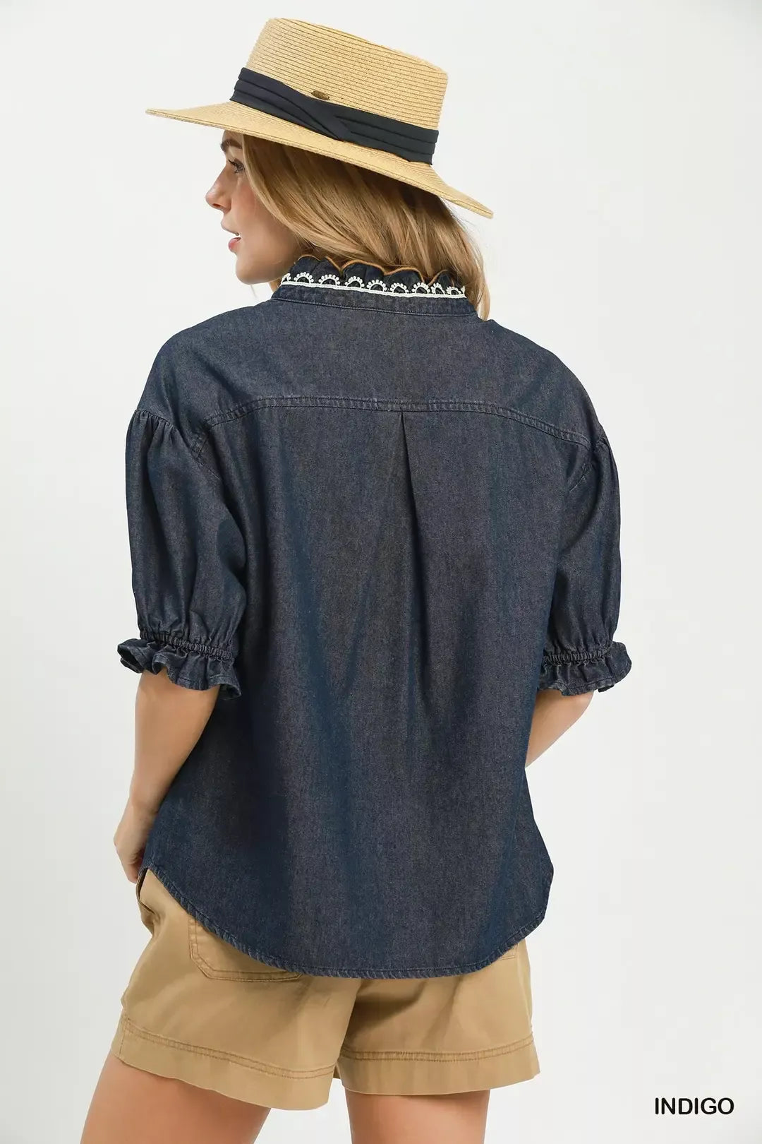 Indigo chambray scalloped trim button front blouse front view
