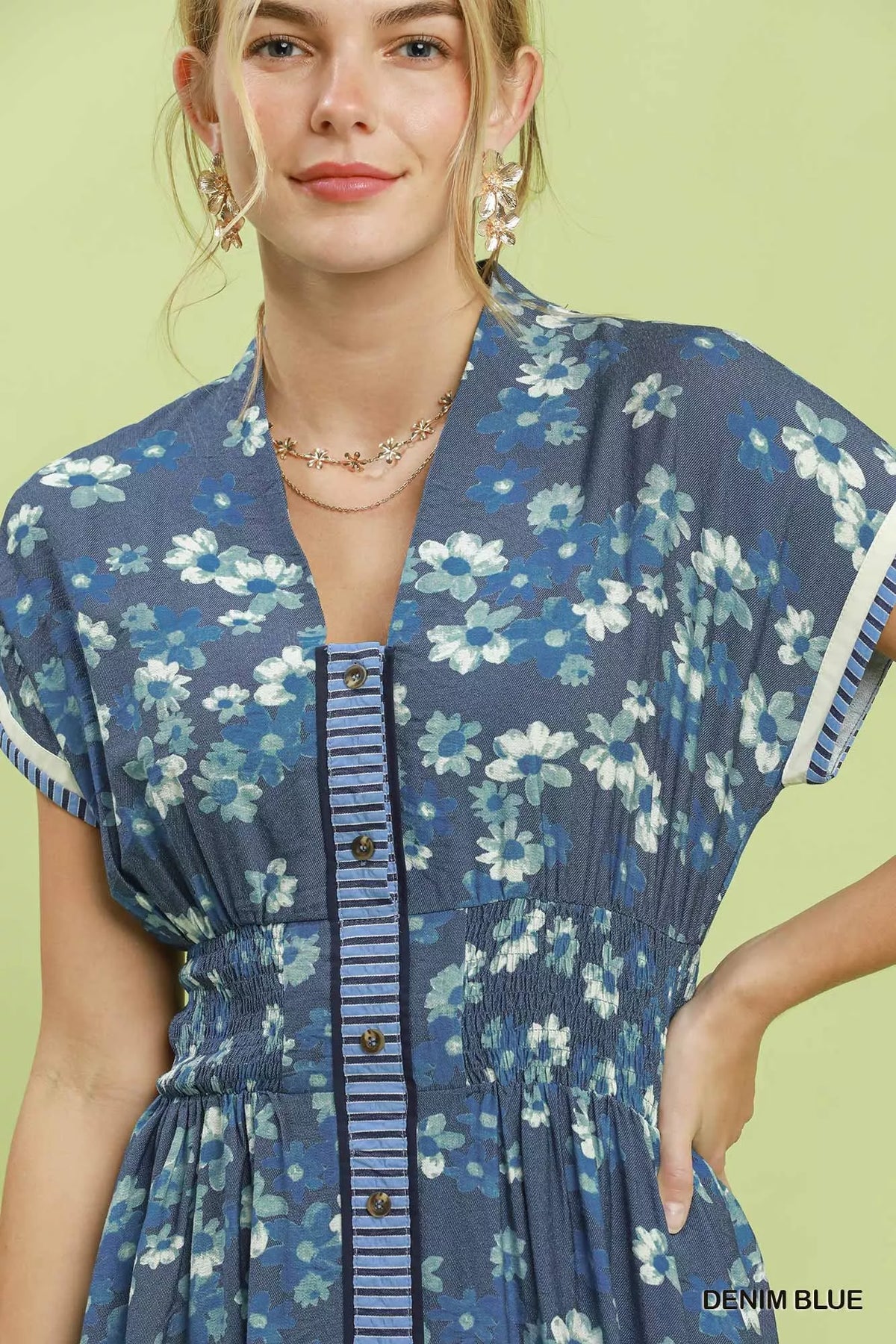Denim blue printed shift dress back view