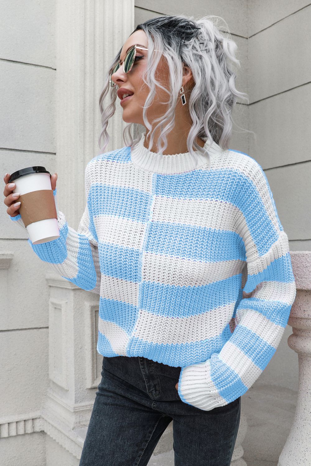 Color Block Dropped Shoulder Sweater - Fashorio