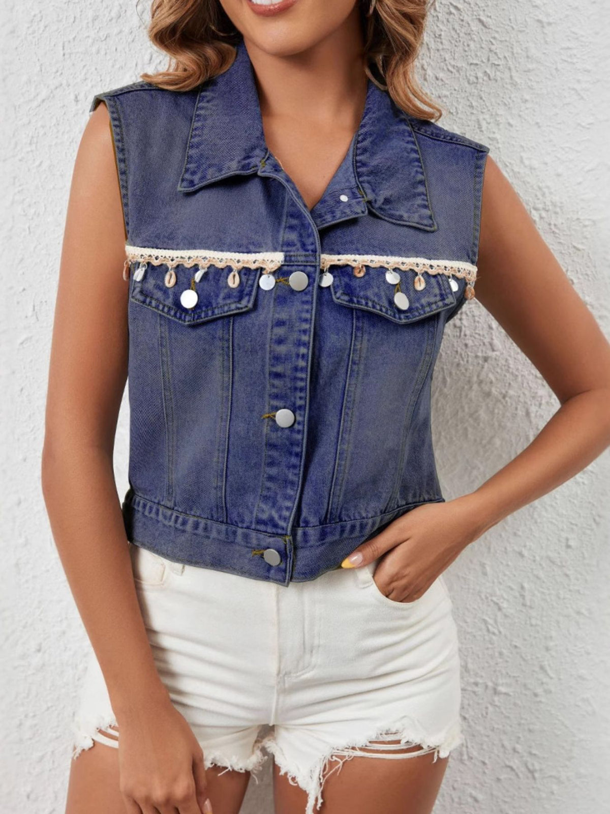 Button Up Denim Vest in Dark Blue on model