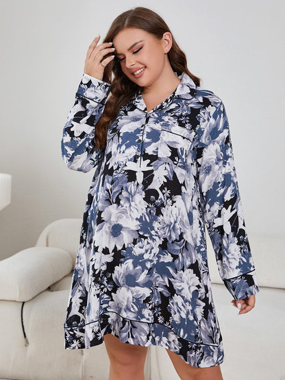 Plus Size Floral Lapel Collar Long Sleeve Night Dress - Fashorio